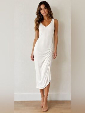 Michael Stars White Ruched Mesh Midi Dress Sleeveless Bodycon Size S